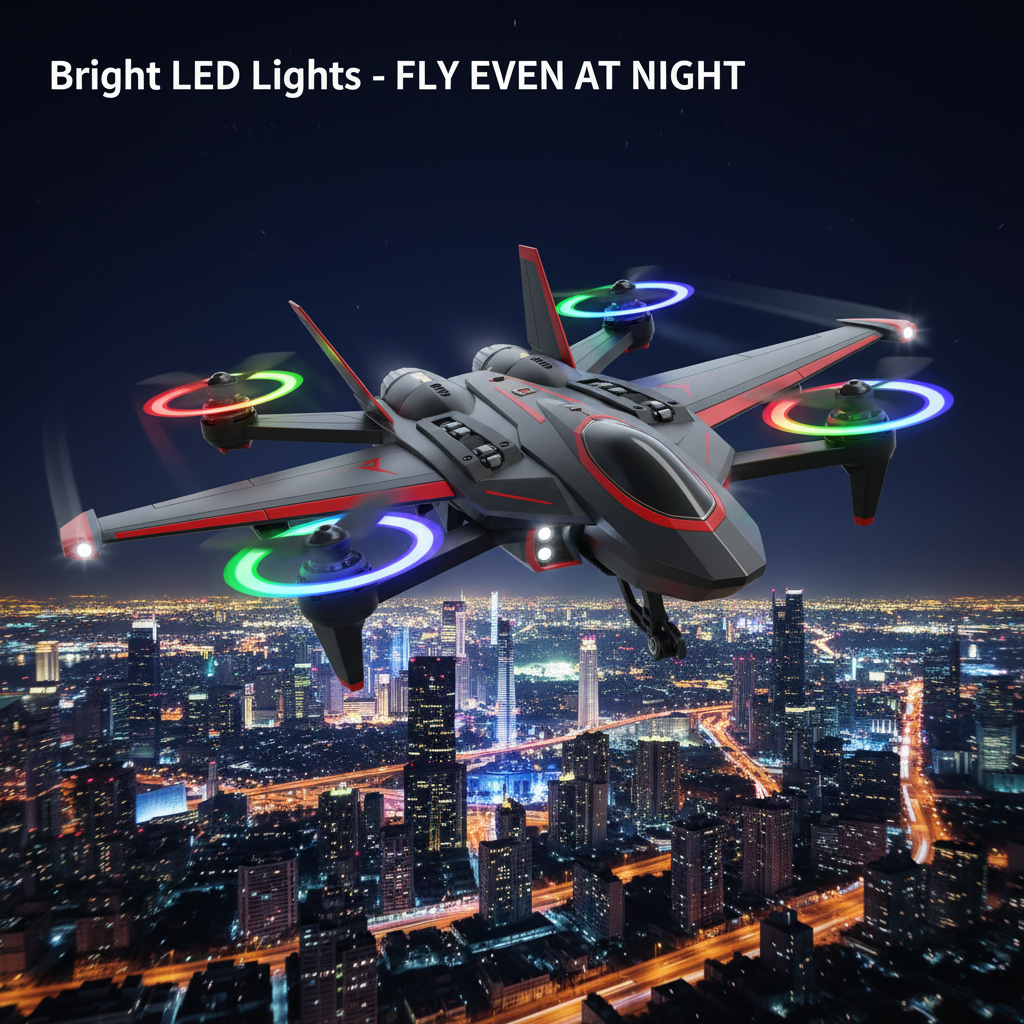RC Fighter Jet Drone flying at night with LED lights